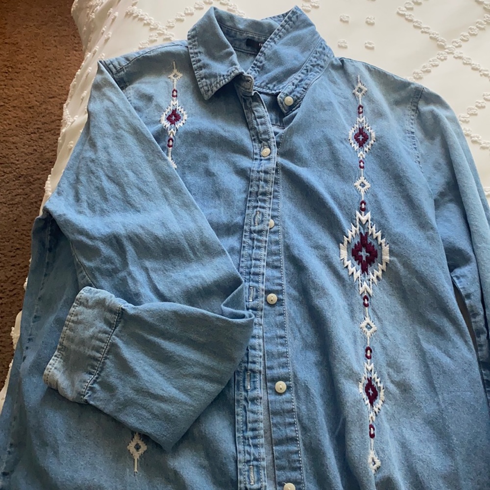 Southwestern embroidered denim button up